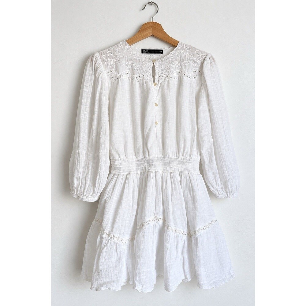 Zara White Embroidered Cotton Mini Dress Size M Boho Long Sleeve